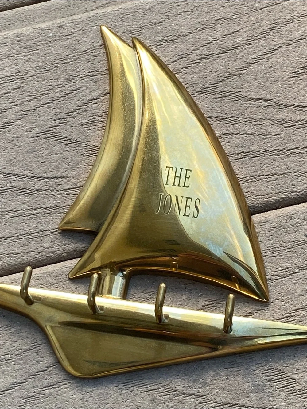 Vintage Polished Solid Brass Sailboat Key Hook Holder Engraved “The Jones”